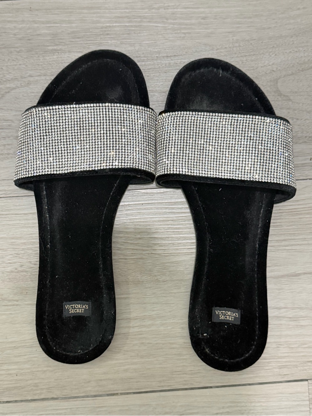 Victoria's Secret Black Slides with Silver Rhinestone Strap